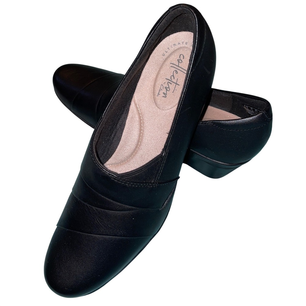 Clarks Collection Pumps Women 8.5 Black Pleated Block Heel Professional Shoes